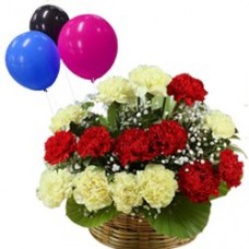 Mixed Carnations in a Basket tied with Balloons